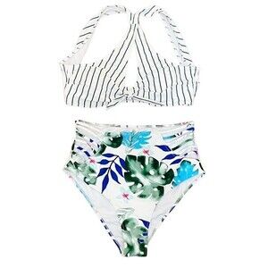 Cupshe Two Piece Swimsuit Tropical Floral Cutout Brief Stripe Halter Top Size XL
